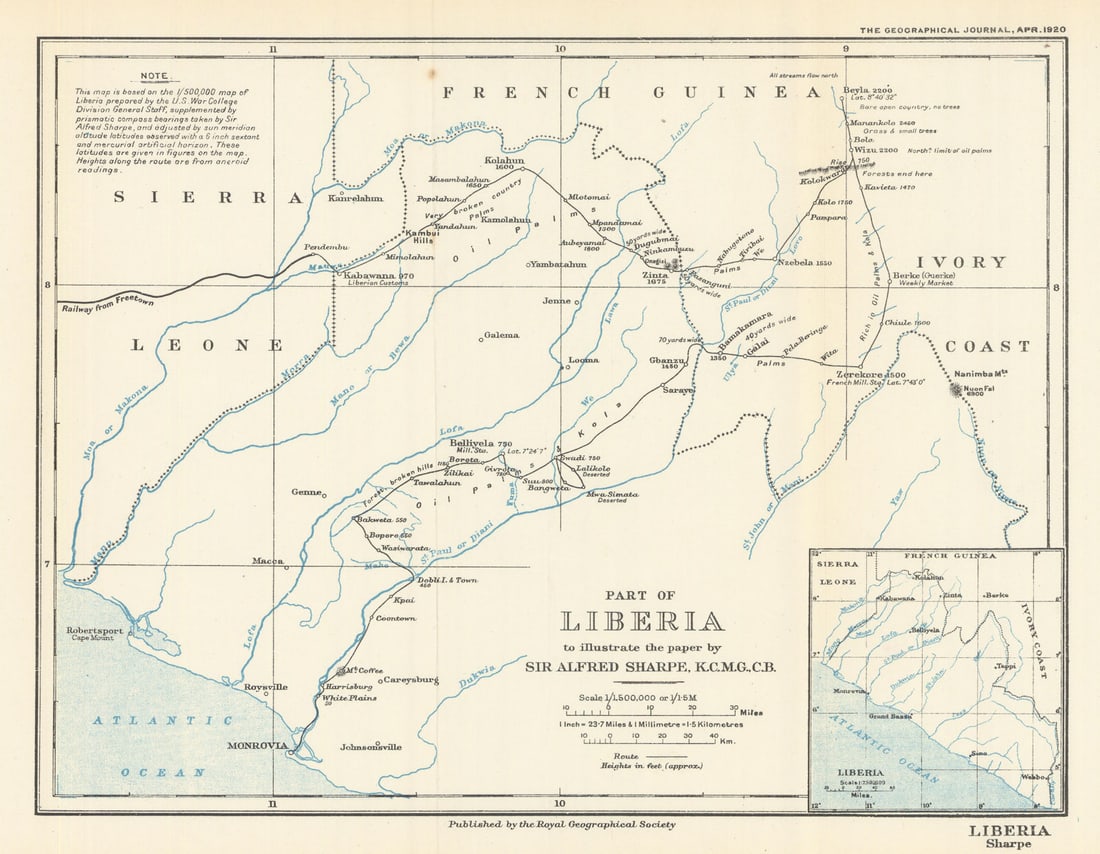 Part of Liberia to illustrate the paper by Sir Alfred Sharpe. RGS 1920 old map: Title: Part of Liberia to illustrate the paper by Sir Alfred Sharpe. RGS 1920 old map Description: Part of Liberia to illustrate the paper by Sir Alfred Sharpe, K.C.M.G., C.B.'. Royal Geographical Soc