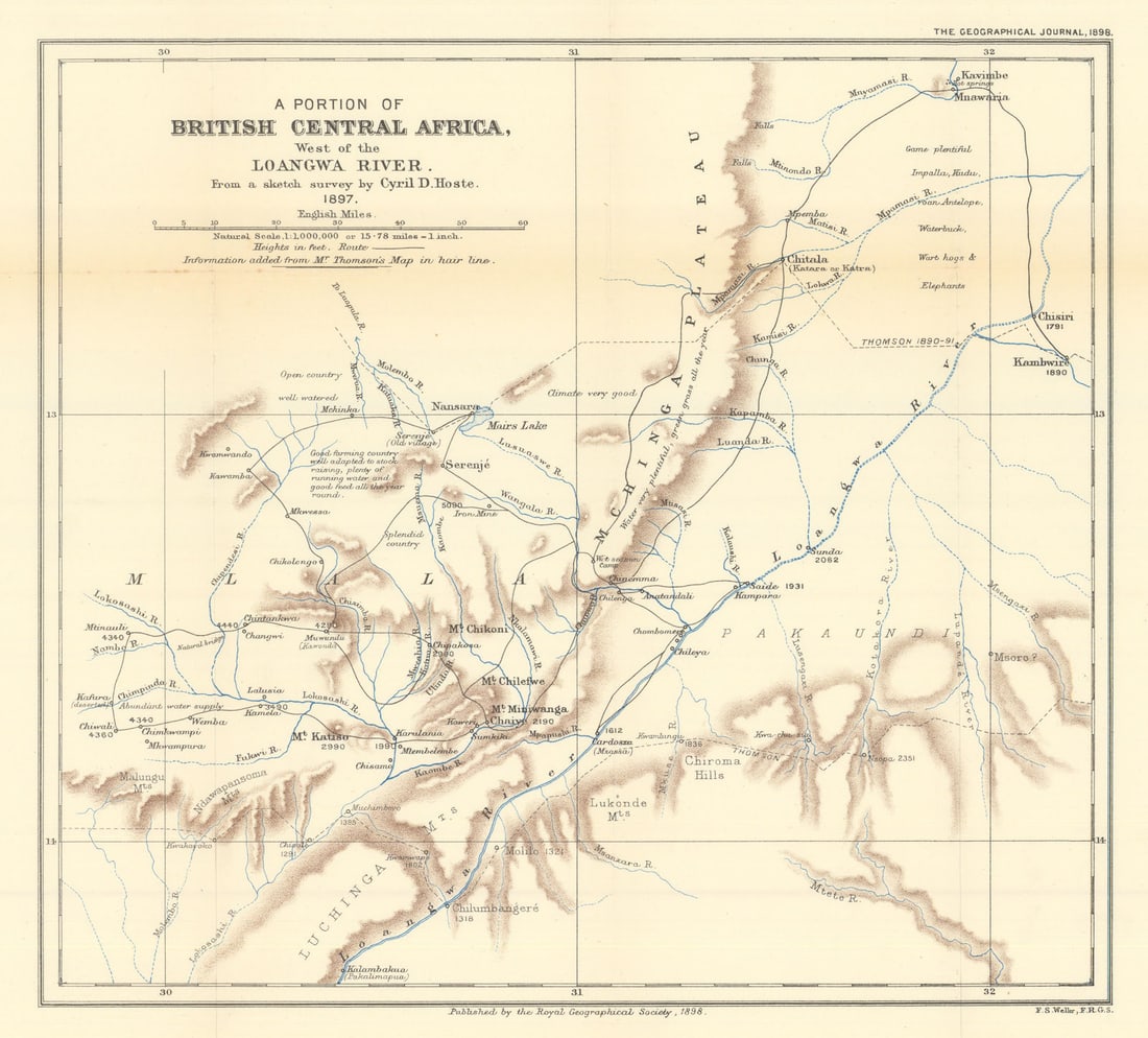 Zambia. British Central Africa west of Loangwa River by Cyril Hoste/RGS 1898 map (1 of 1)