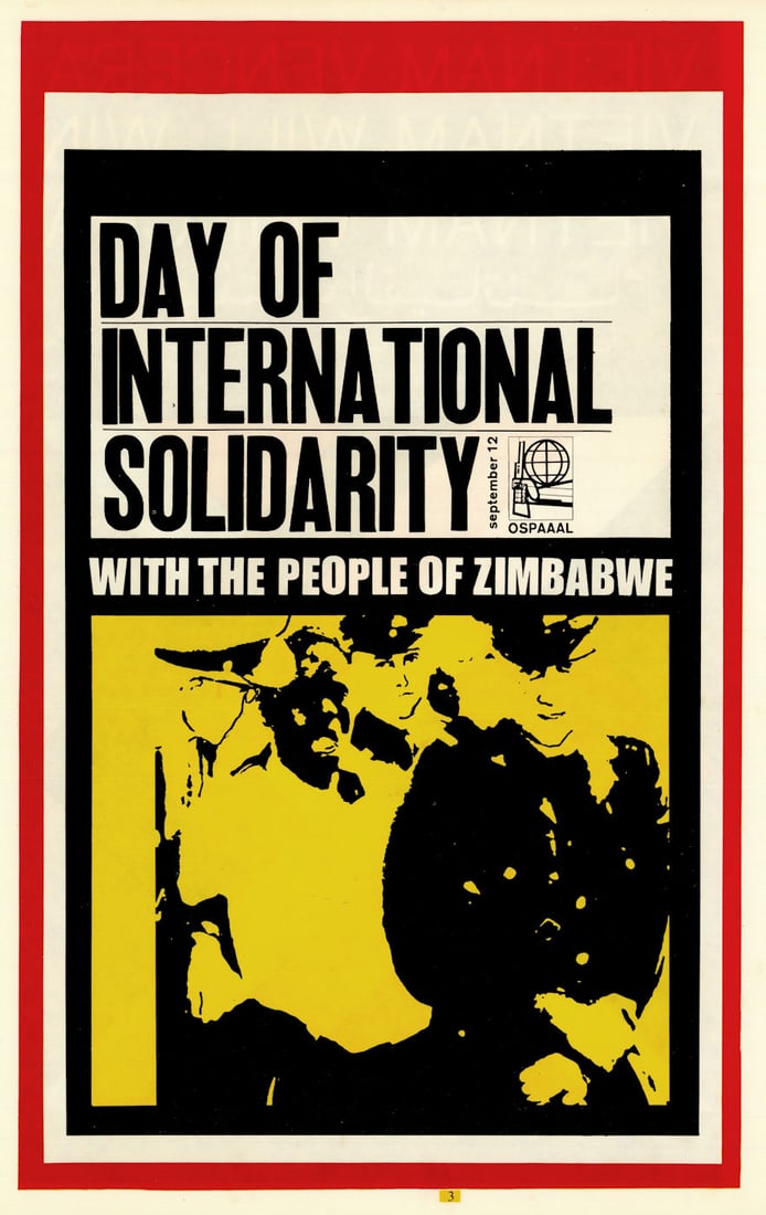 Day of International Solidarity with… Zimbabwe. Cuban propaganda poster c1968: Title: Day of International Solidarity with… Zimbabwe. Cuban propaganda poster c1968 Description: Day of International Solidarity with the People of Zimbabwe – September 12'. Unsigned. Pub