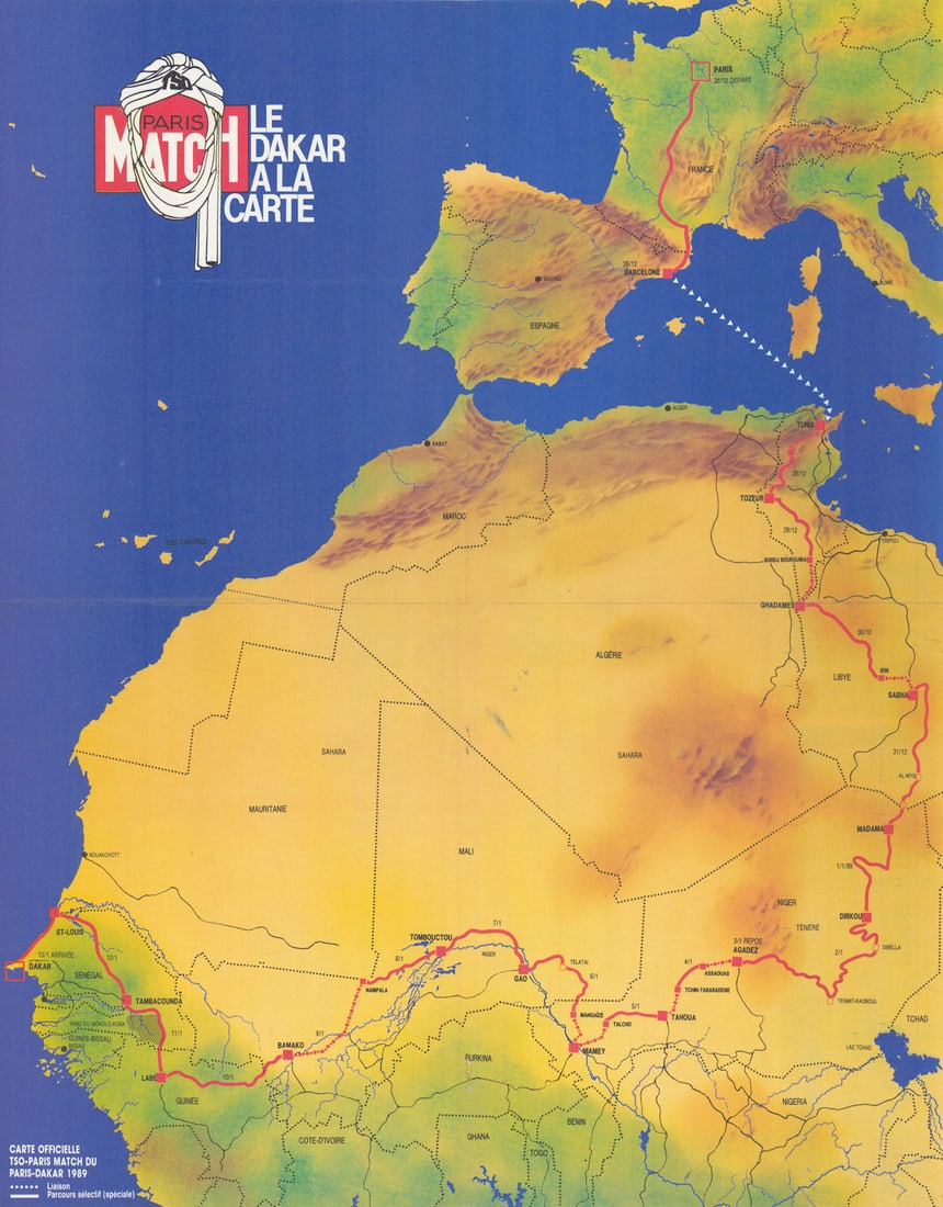 Carte Officielle Paris Match—Paris-Dakar rallye. Poster route map 57x45cm 1989: Title: Carte Officielle Paris Match—Paris-Dakar rallye. Poster route map 57x45cm 1989 Description: Paris Match—Le Dakar a la Carte—Carte Officielle TSO-Paris Match du Paris-Dakar 198