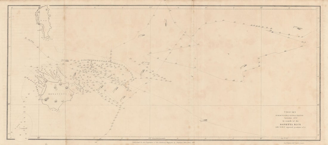 Cape Verde Islands — H.M. ships search for the phantom Bonetta Rock 1839 map: Title: Cape Verde Islands — H.M. ships search for the phantom Bonetta Rock 1839 map Description: Tracks of H.M. vessels Etna & Raven September 1838 in search of the Bonetta Rock'. An