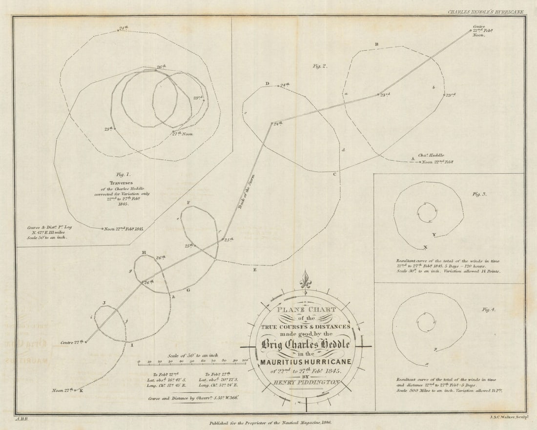 True Courses & Distances of the Brig Charles Heddle…Mauritius Hurricane 1846 map: Title: True Courses & Distances of the Brig Charles Heddle…Mauritius Hurricane 1846 map Description: Plane Chart of the True Courses & Distances made good by the Brig Charles Heddle in the M