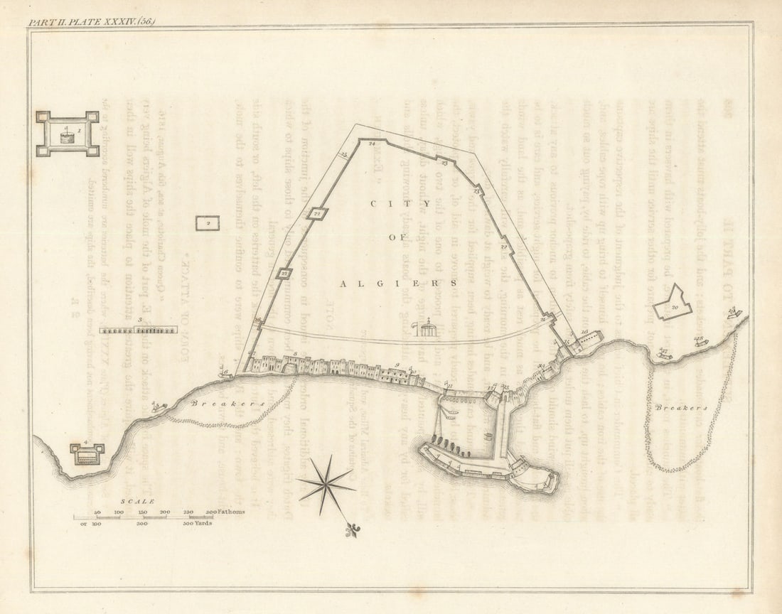 Untitled plan of the Bombardment of Algiers, 17 August 1816, Algeria 1824 map: Title: Untitled plan of the Bombardment of Algiers, 17 August 1816, Algeria 1824 map Description: [Bombardment of Algiers (17 August 1816)] by Ekins, Charles. Published 1824. Untitled antique