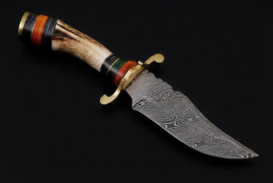 Hand Forged Damascus Steel Hunting Knife 8" with Stag Horn and Brass Handle - 2