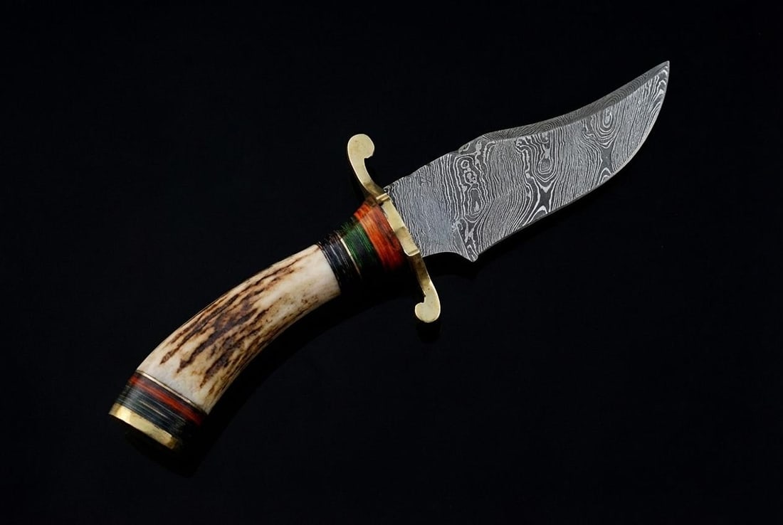 Hand Forged Damascus Steel Hunting Knife 8" with Stag Horn and Brass Handle - 4