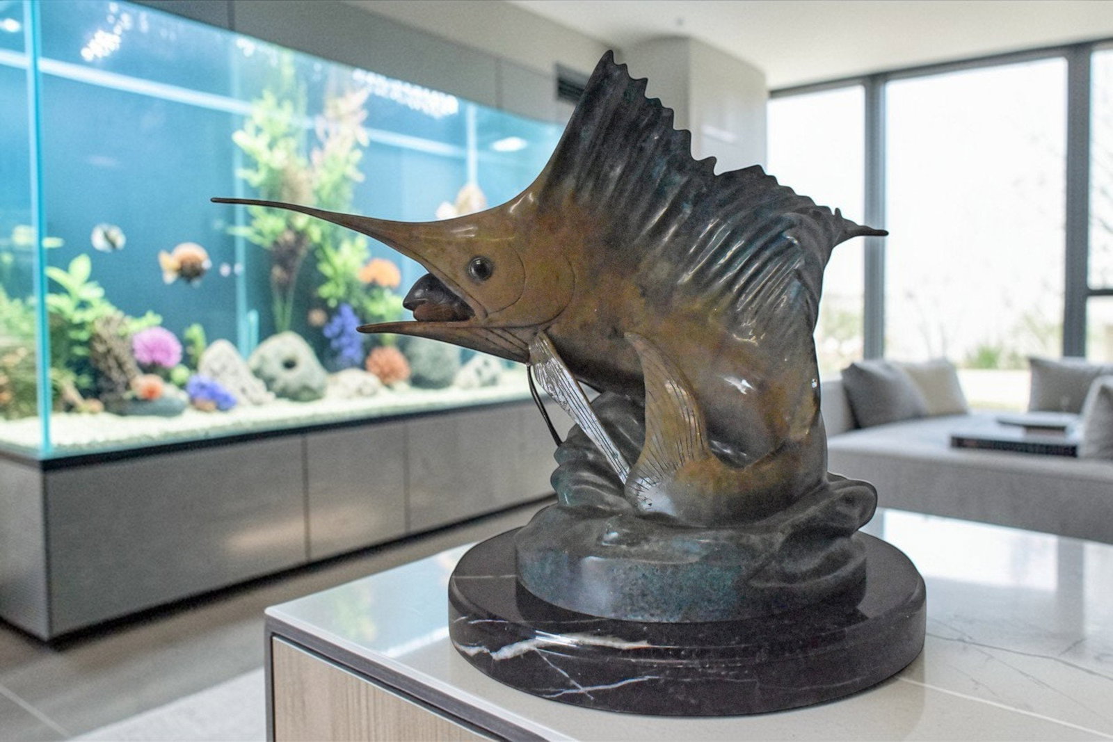 Sailfish Catching Fish Bronze Statue on Marble Base – Lost Wax Cast Ocean Life Sculpture with - 2