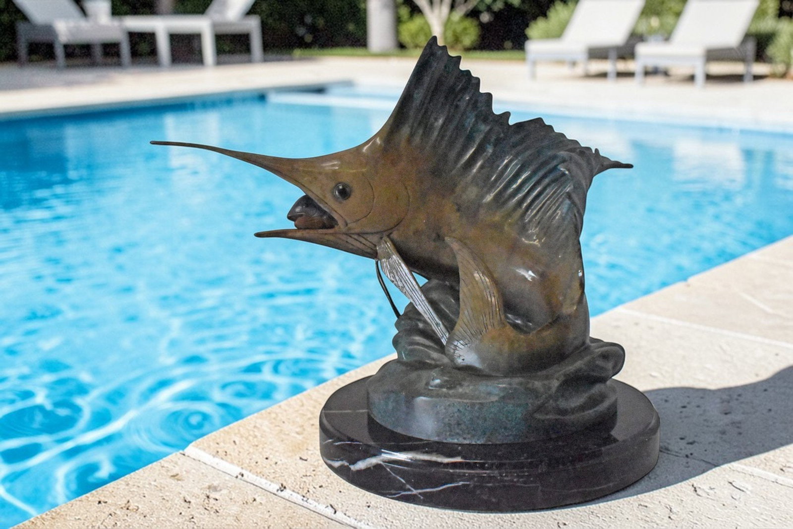 Sailfish Catching Fish Bronze Statue on Marble Base – Lost Wax Cast Ocean Life Sculpture with - 3