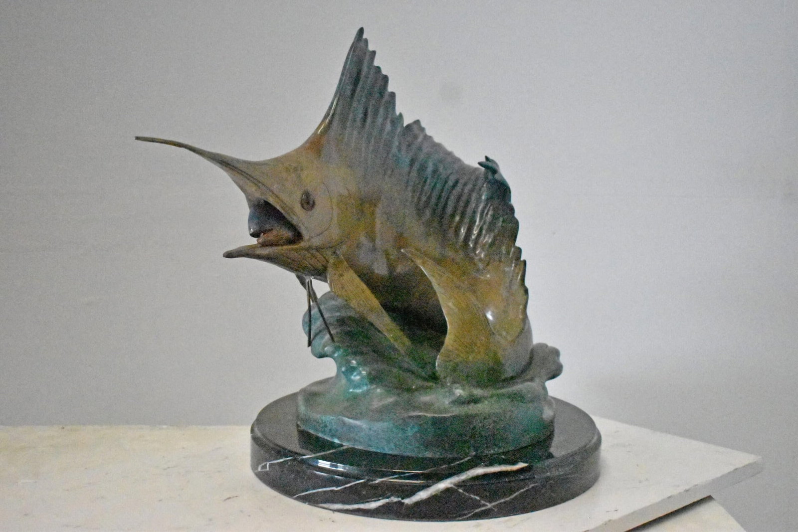 Sailfish Catching Fish Bronze Statue on Marble Base – Lost Wax Cast Ocean Life Sculpture with - 4