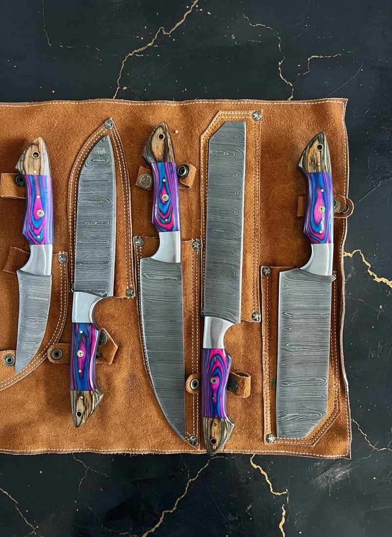5 Pc Damascus Steel Chef Knife Set Wood Handle Kitchen Cutlery Leather Roll - 2