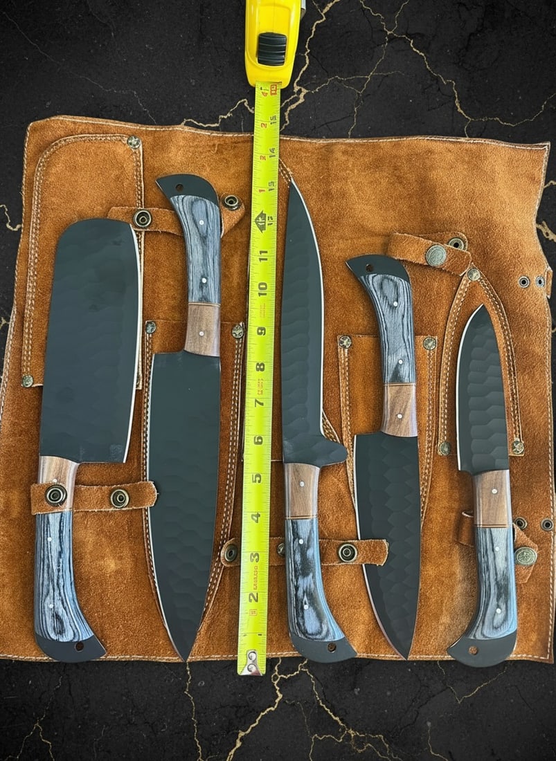 5pc Hand-Forged D2 Steel Chef Knife Set Hammered Blade with Leather Roll - 4