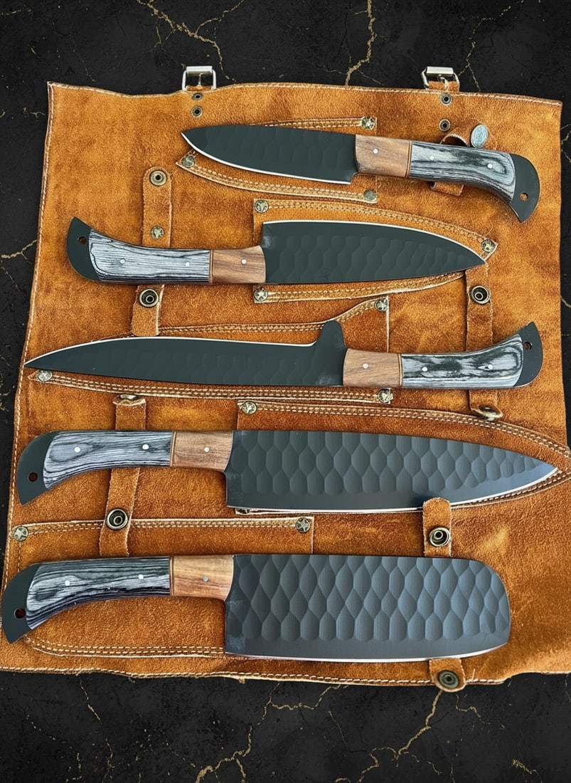 5pc Hand-Forged D2 Steel Chef Knife Set Hammered Blade with Leather Roll - 5