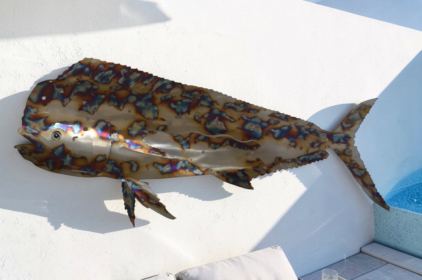 Mahi Mahi laser cut steel wall mounted - Size: 33"L x 2"W x 13"H. - 2