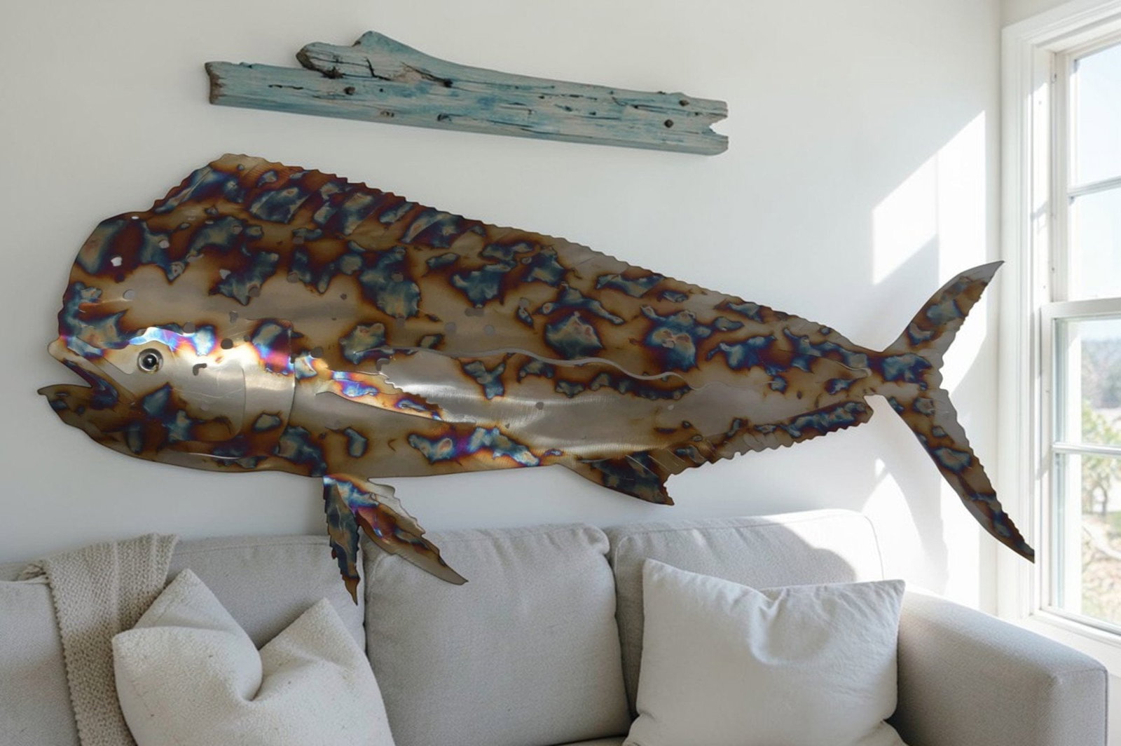 Mahi Mahi laser cut steel wall mounted - Size: 33"L x 2"W x 13"H. - 3