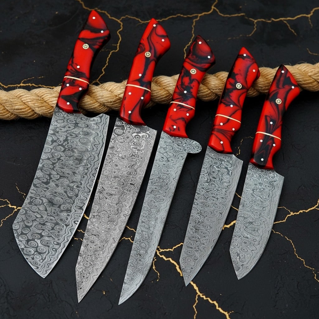 5pc Hand-Forged Damascus Steel Chef Knife Set Hammered Blade Leather Roll: Title:5pc Hand-Forged Damascus Steel Chef Knife Set Hammered Blade Leather Roll Description:This professional chef set includes five handcrafted knives and a cowhide leather carrying bag. Each knife i