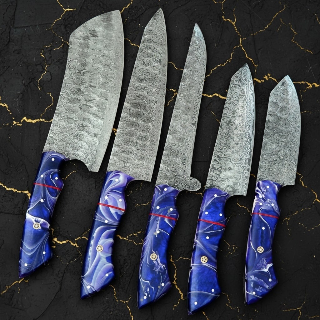 5pc Damascus Steel Kitchen Knife Set, Raindrop Pattern, Leather Roll Case - 3