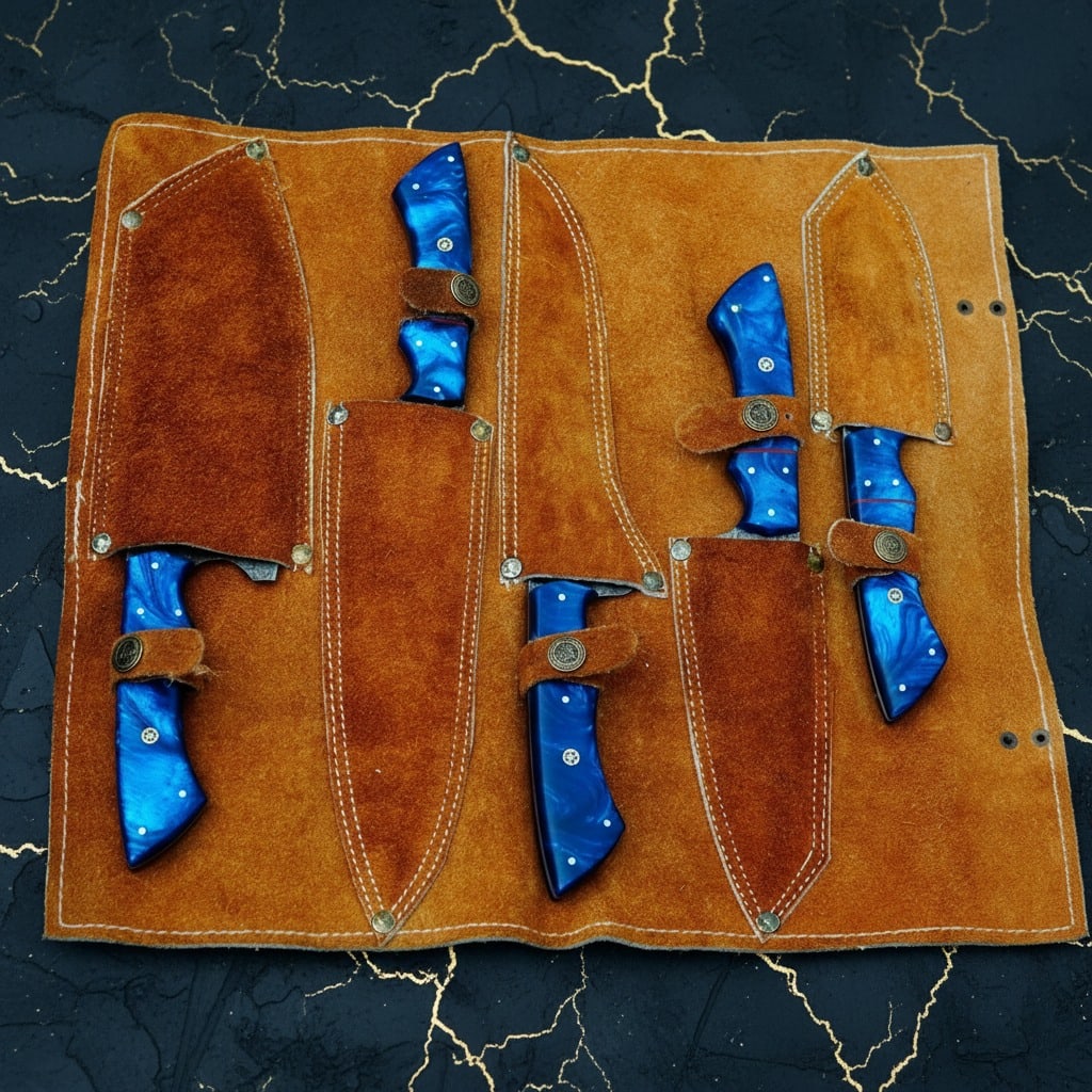 5pc Damascus Steel Kitchen Knife Set, Raindrop Pattern, Leather Roll Case - 4