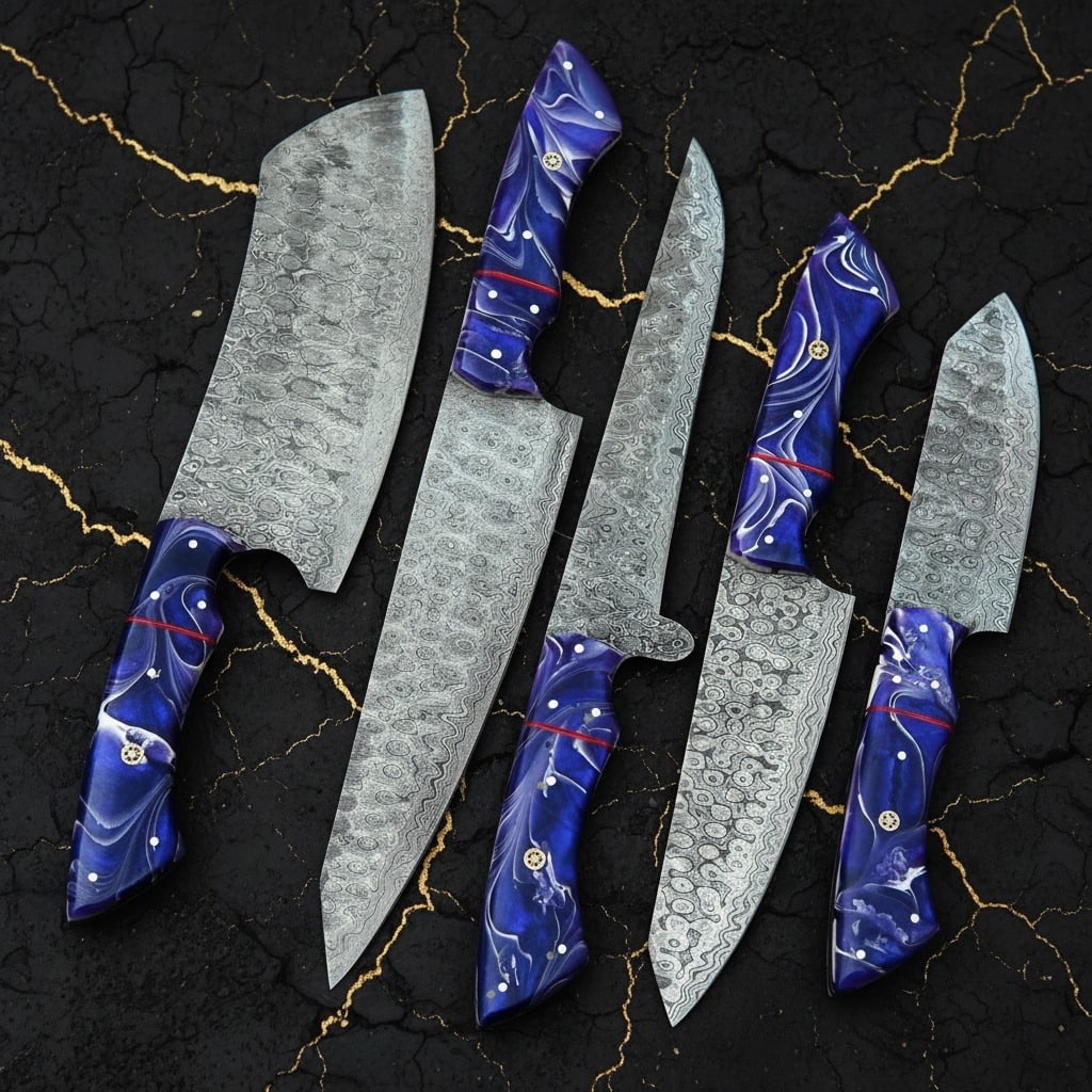 5pc Damascus Steel Kitchen Knife Set, Raindrop Pattern, Leather Roll Case - 5