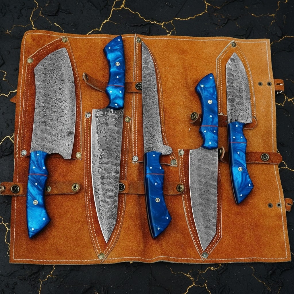 5pc Damascus Steel Kitchen Knife Set, Raindrop Pattern, Leather Roll Case - 6