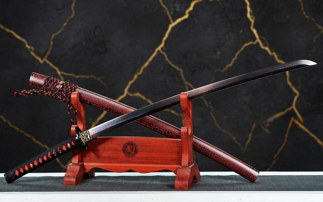 Hand-Forged Damascus 1095 Steel Samurai Katana Sharp Red and Blue Blade - 2
