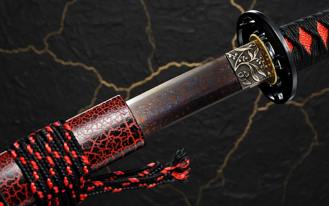 Hand-Forged Damascus 1095 Steel Samurai Katana Sharp Red and Blue Blade - 5