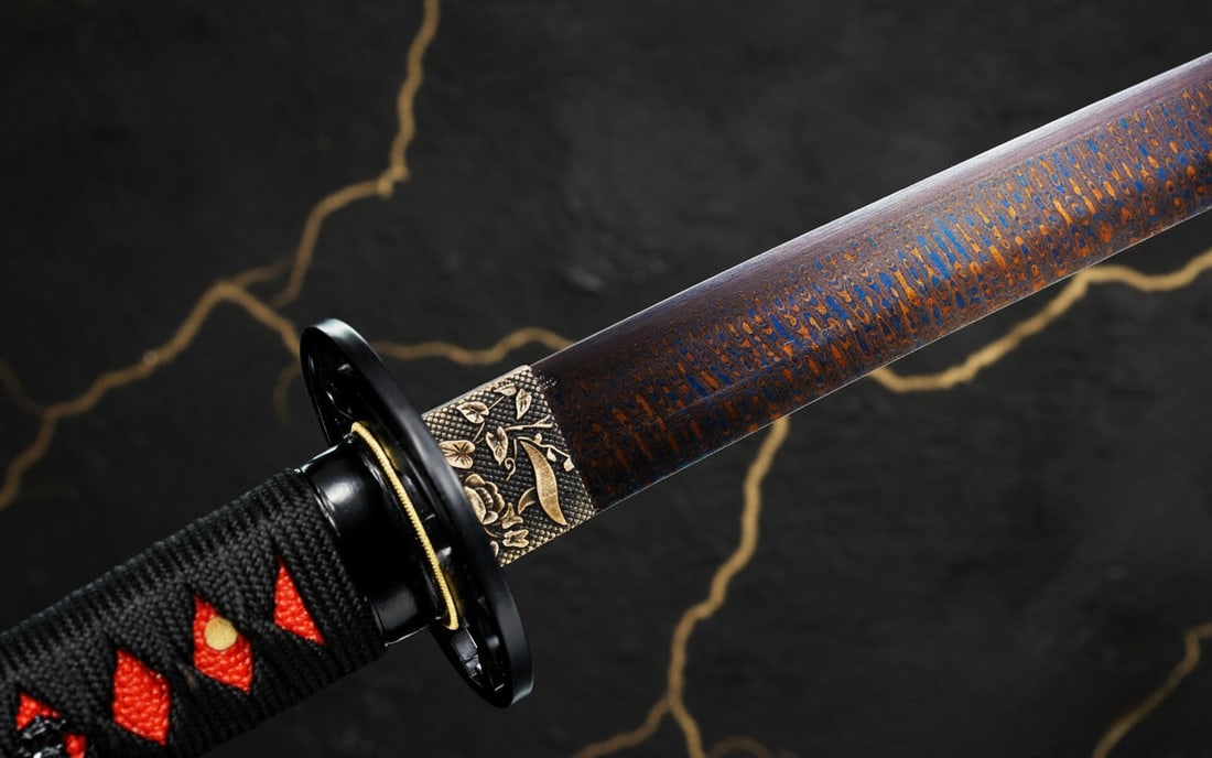 Hand-Forged Damascus 1095 Steel Samurai Katana Sharp Red and Blue Blade - 7