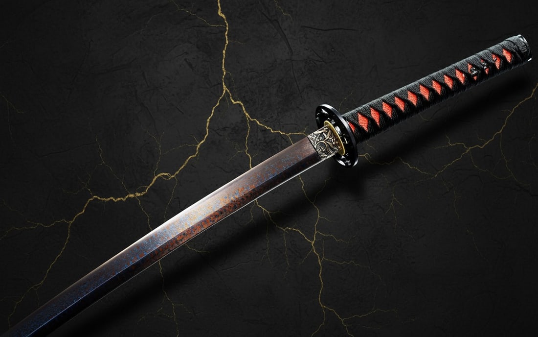 Hand-Forged Damascus 1095 Steel Samurai Katana Sharp Red and Blue Blade - 9