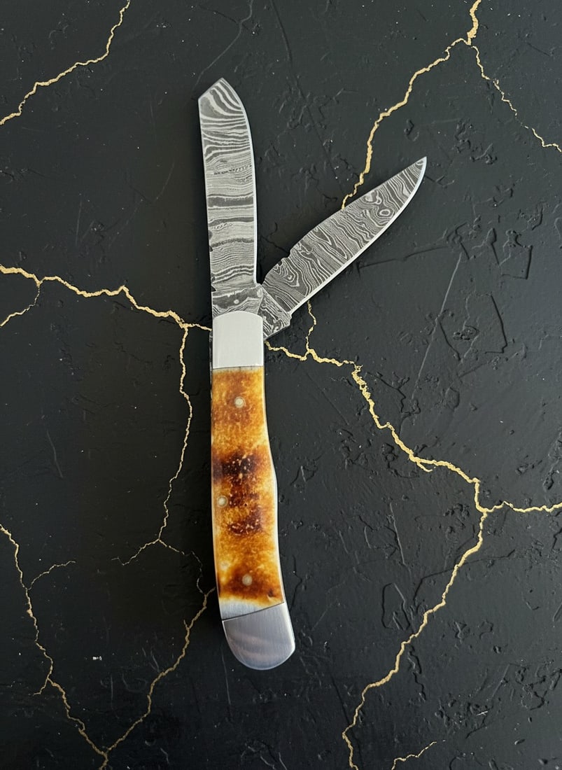 Handmade Damascus Steel Folding Trapper Knife Burnt Bone Handle w/ Sheath - 4