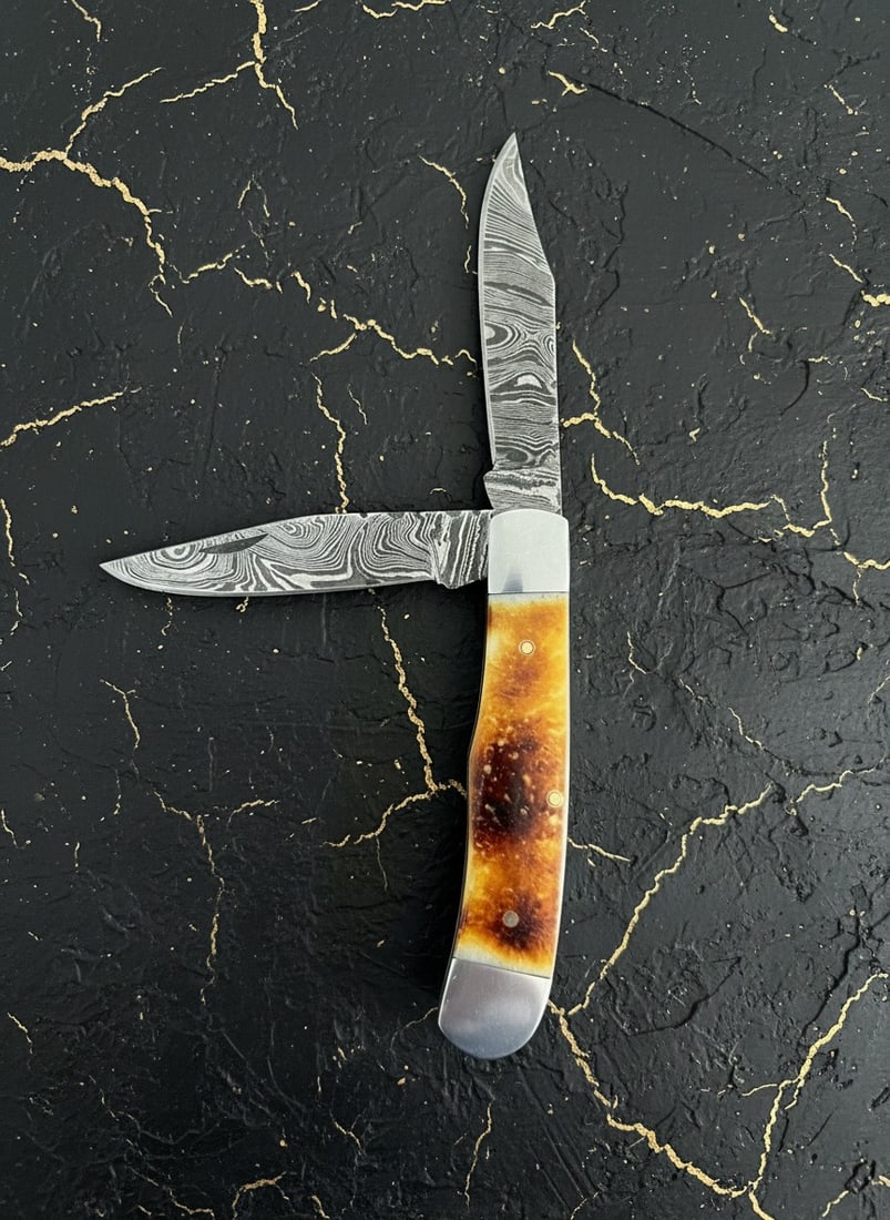 Handmade Damascus Steel Folding Trapper Knife Burnt Bone Handle w/ Sheath - 5