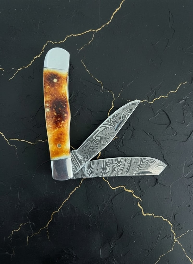 Handmade Damascus Steel Folding Trapper Knife Burnt Bone Handle w/ Sheath - 9