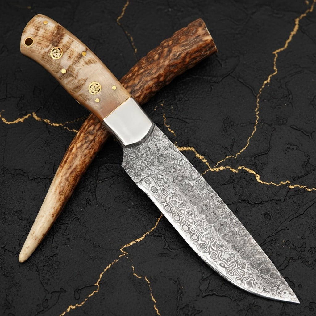 Hand-Forged Damascus Steel Fixed Blade Knife, Ram Horn Handle, Leather Sheath - 2