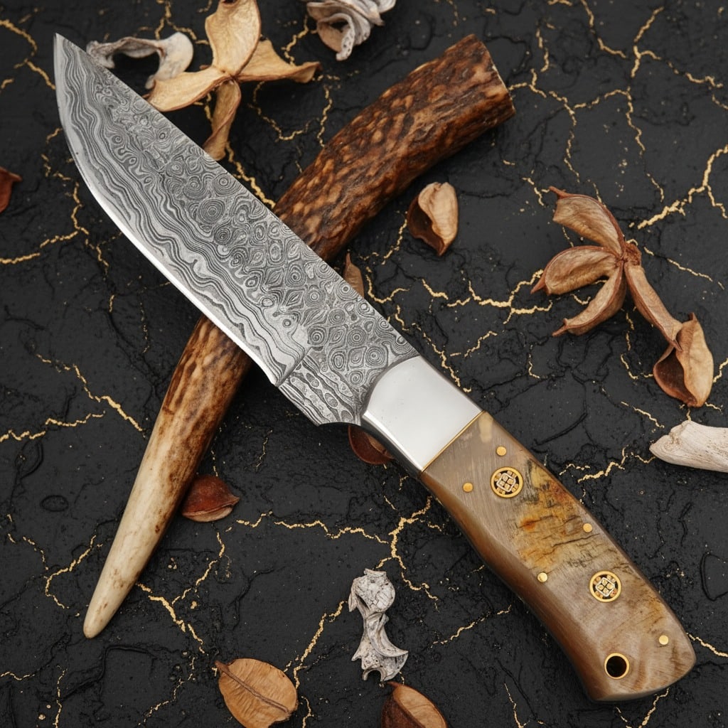 Hand-Forged Damascus Steel Fixed Blade Knife, Ram Horn Handle, Leather Sheath - 3