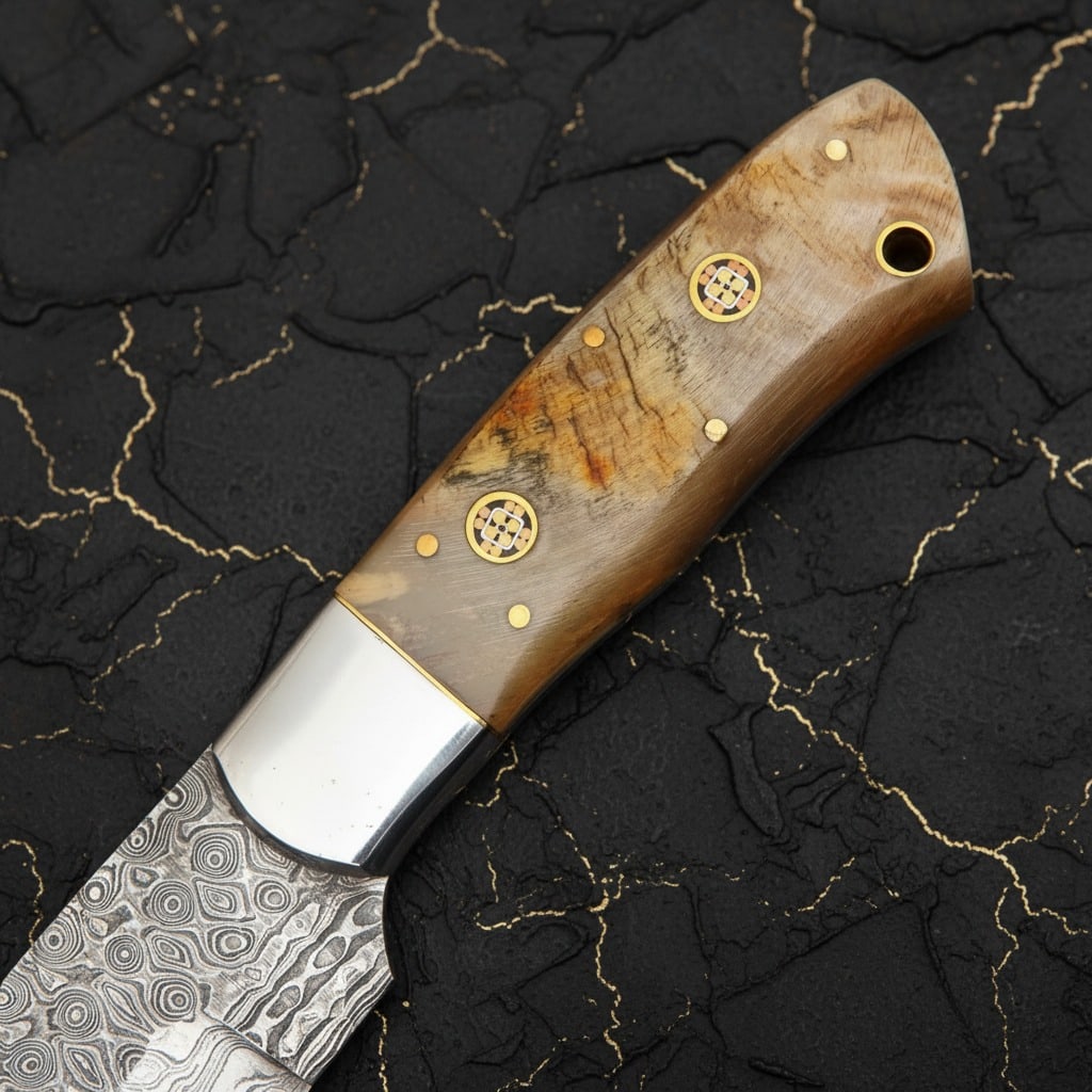 Hand-Forged Damascus Steel Fixed Blade Knife, Ram Horn Handle, Leather Sheath - 4