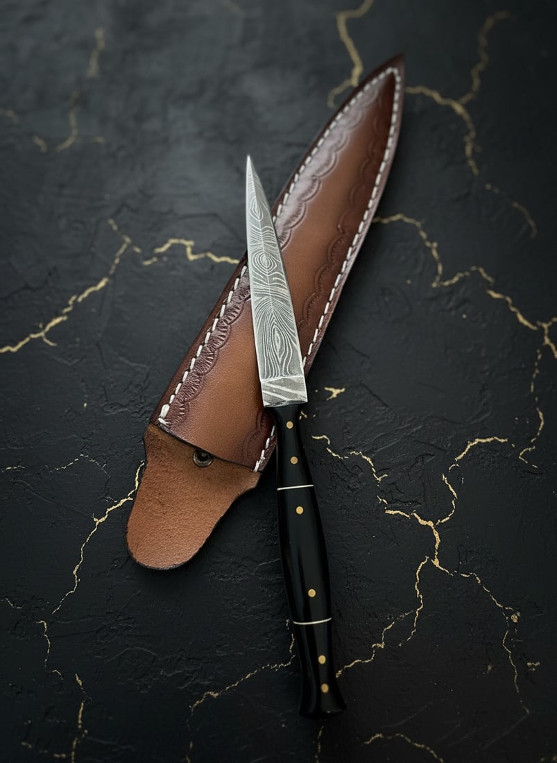 Handmade Damascus Steel Dagger Buffalo Horn Handle w/ Leather Sheath - 3