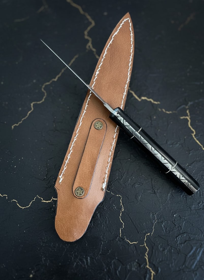 Handmade Damascus Steel Dagger Buffalo Horn Handle w/ Leather Sheath - 4