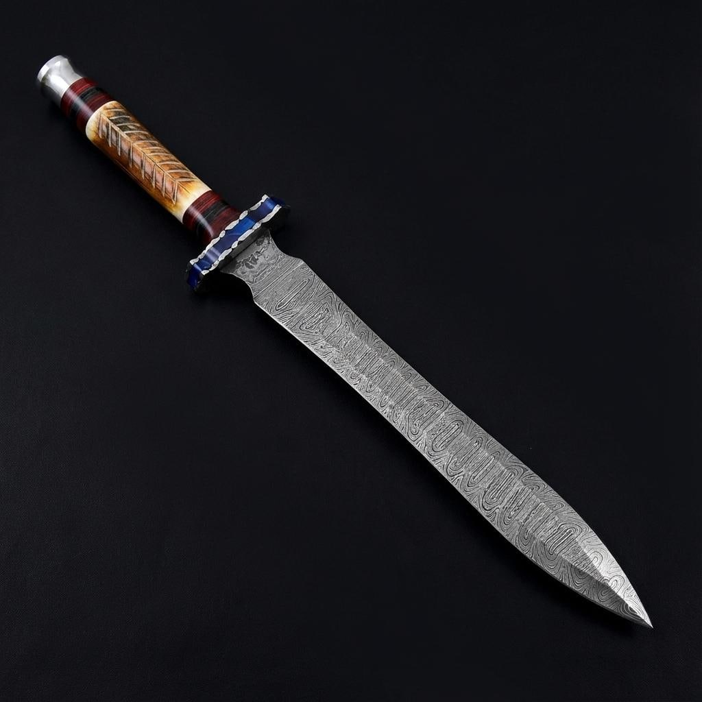 20" Hand-Forged Damascus Steel Sword with Camel Bone Handle and Leather Sheath - 3