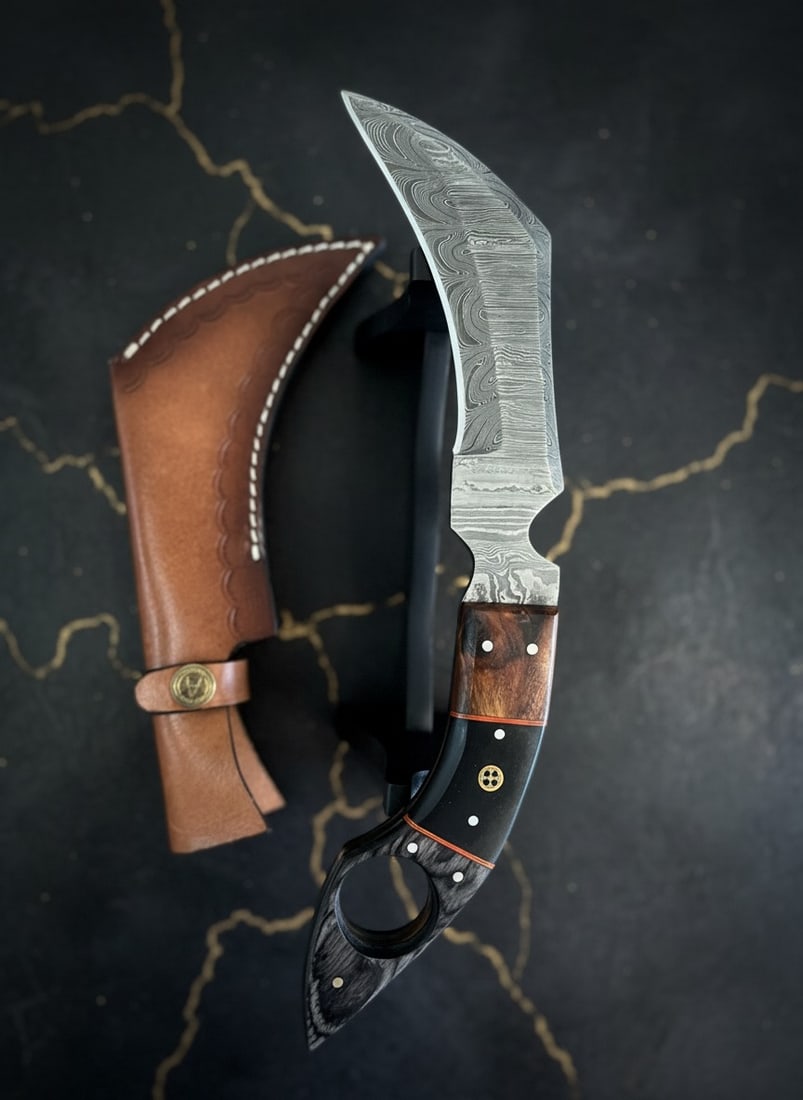 Hand-Forged Damascus Steel Karambit Knife, Micarta Grip, Leather Sheath - 3