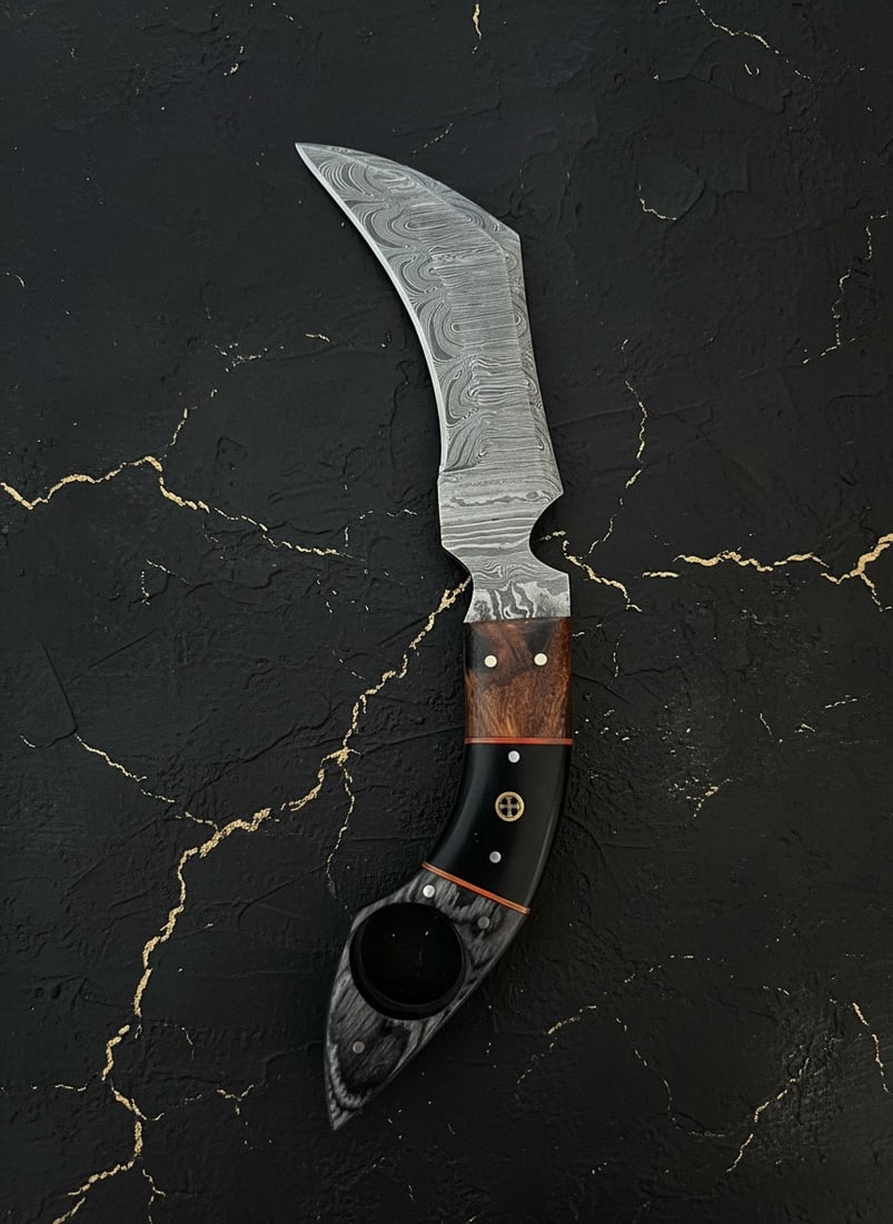 Hand-Forged Damascus Steel Karambit Knife, Micarta Grip, Leather Sheath - 4