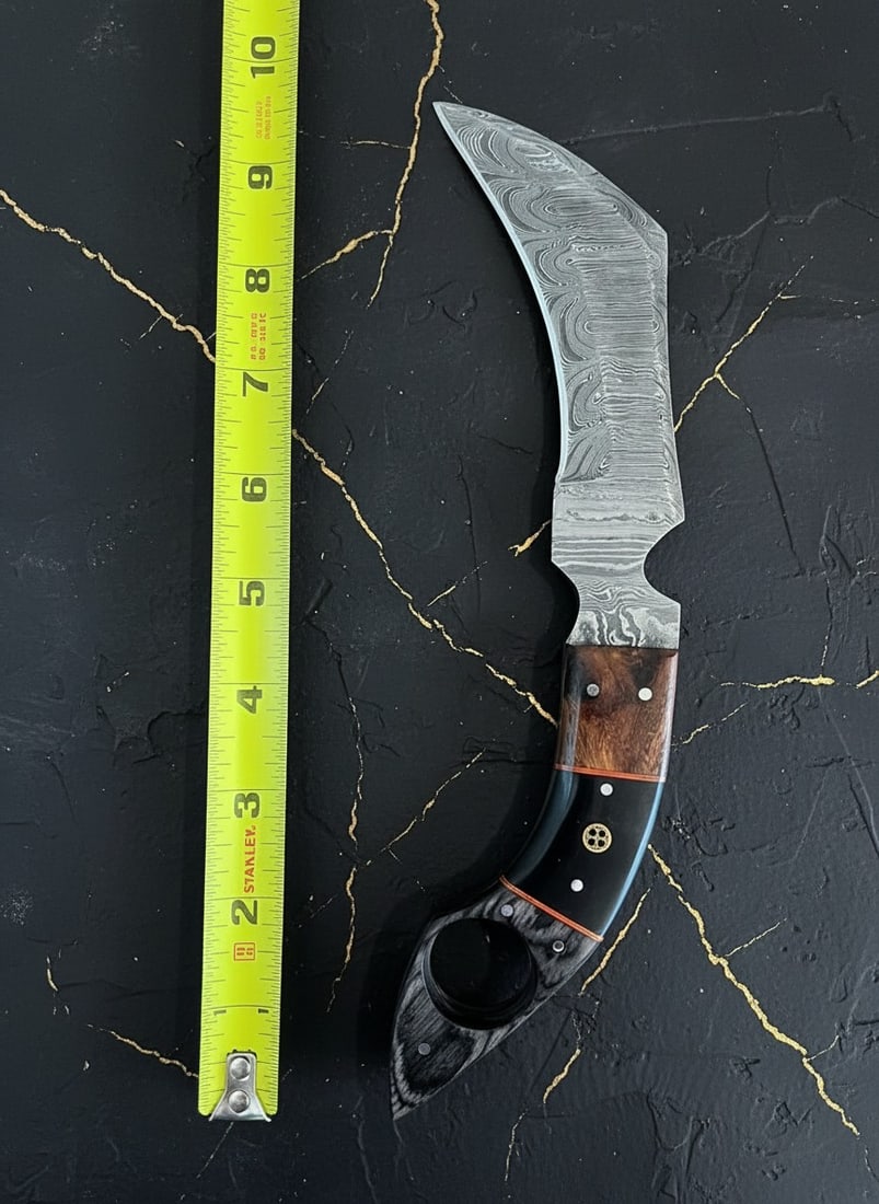 Hand-Forged Damascus Steel Karambit Knife, Micarta Grip, Leather Sheath - 5