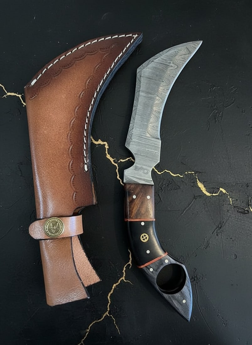 Hand-Forged Damascus Steel Karambit Knife, Micarta Grip, Leather Sheath - 6