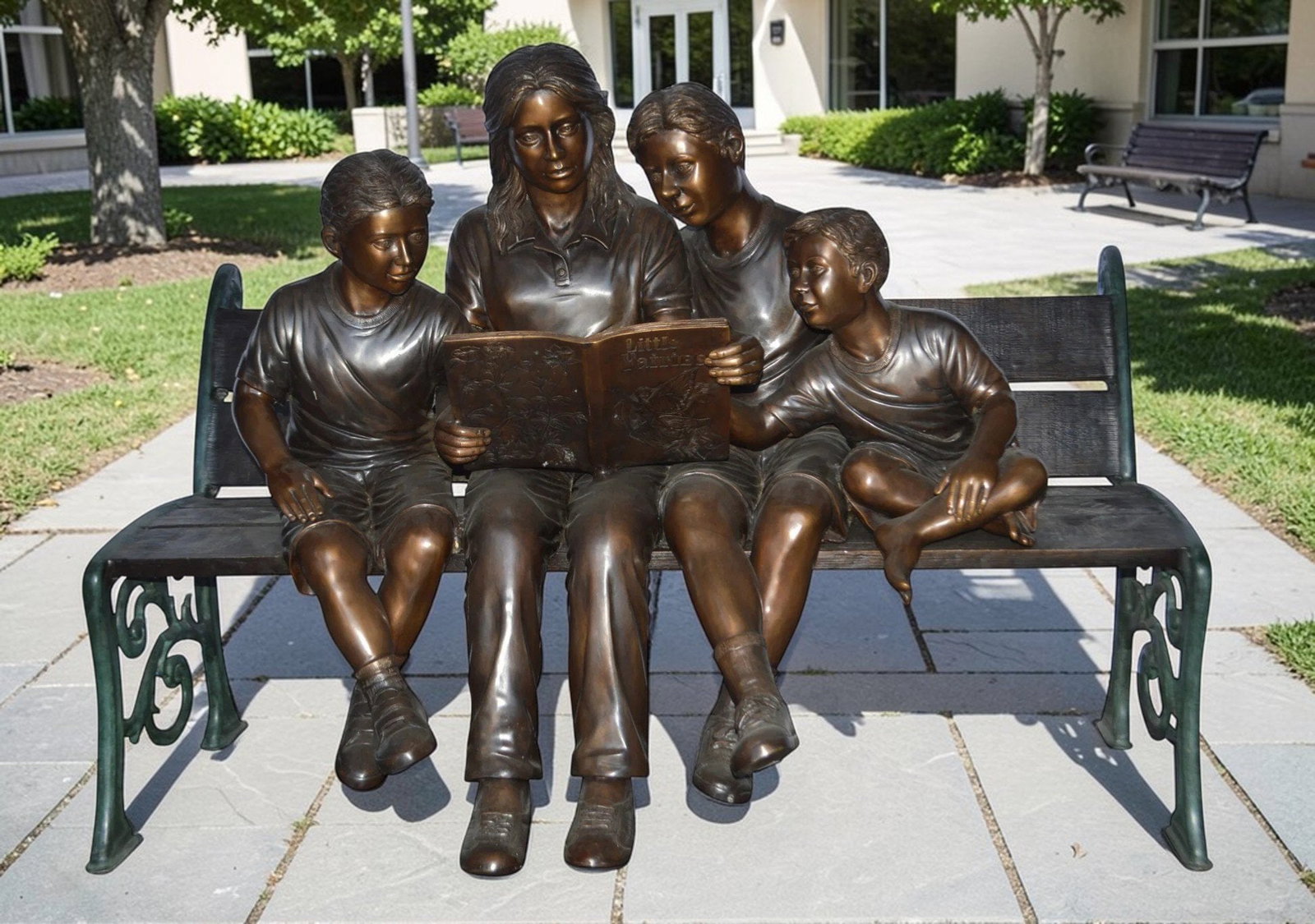 Mom and boys reading stories on bench bronze statue - Size: 53"L x 33"W x 39"H. - 2