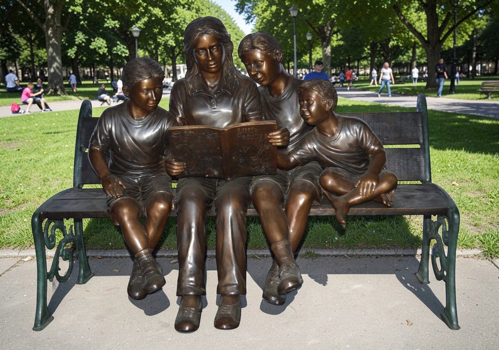 Mom and boys reading stories on bench bronze statue - Size: 53"L x 33"W x 39"H. - 3