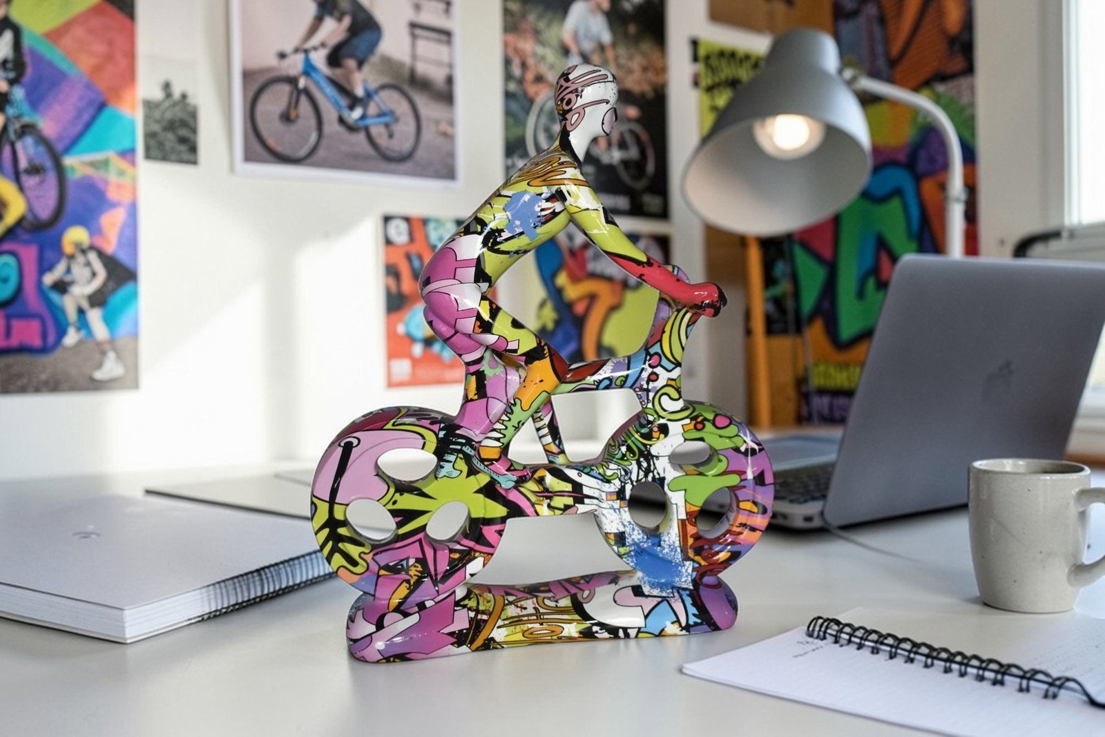 Modern Art Graffiti Bicycle and Rider Statue Made of Resin Size: 10" x 4" x 15"H - 2