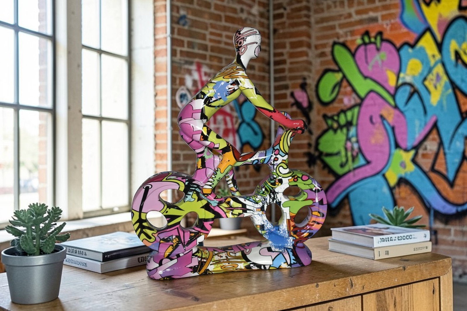 Modern Art Graffiti Bicycle and Rider Statue Made of Resin Size: 10" x 4" x 15"H - 3