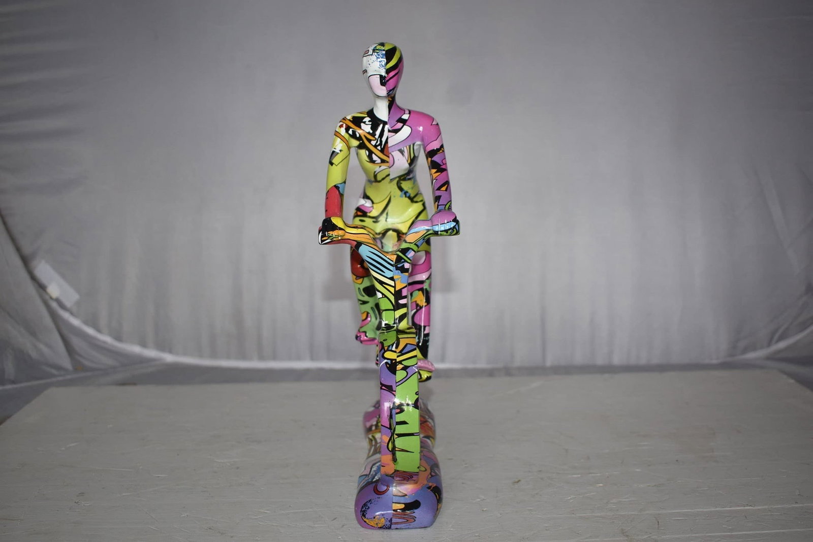Modern Art Graffiti Bicycle and Rider Statue Made of Resin Size: 10" x 4" x 15"H - 4