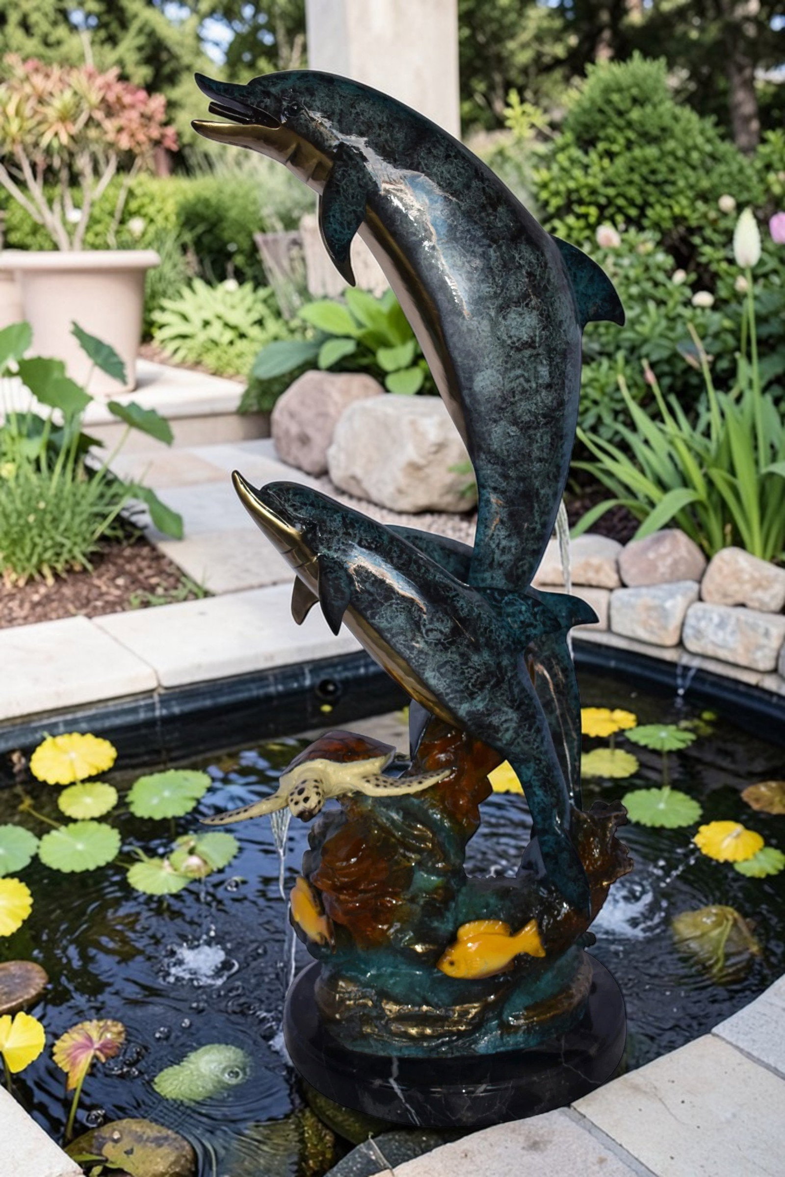 Three Dolphins Swim Next to A Sea Turtle Fountain Bronze Statue 17"x 15" x 38"H - 2