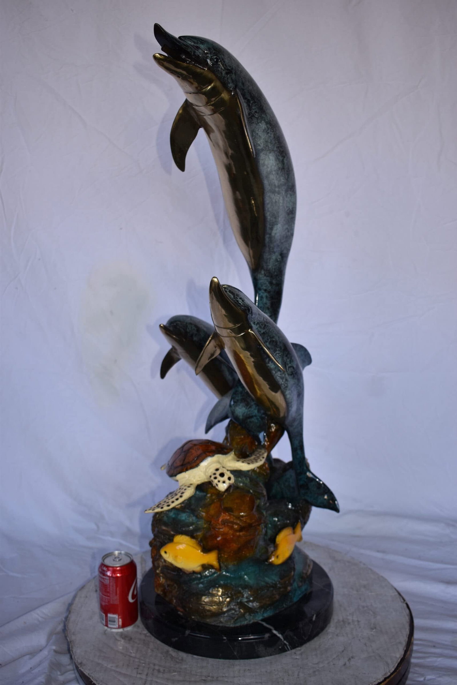 Three Dolphins Swim Next to A Sea Turtle Fountain Bronze Statue 17"x 15" x 38"H - 4