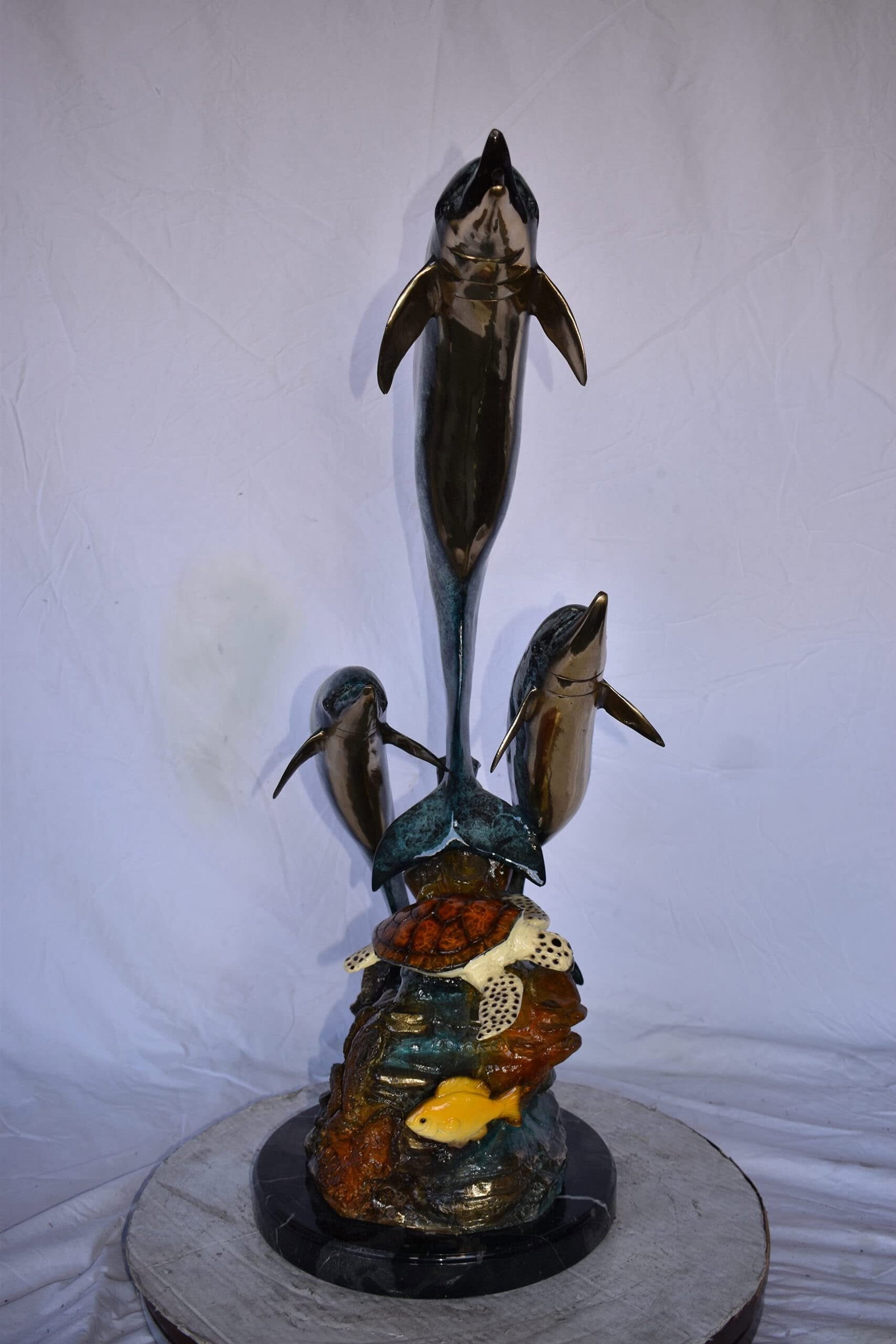 Three Dolphins Swim Next to A Sea Turtle Fountain Bronze Statue 17"x 15" x 38"H - 5