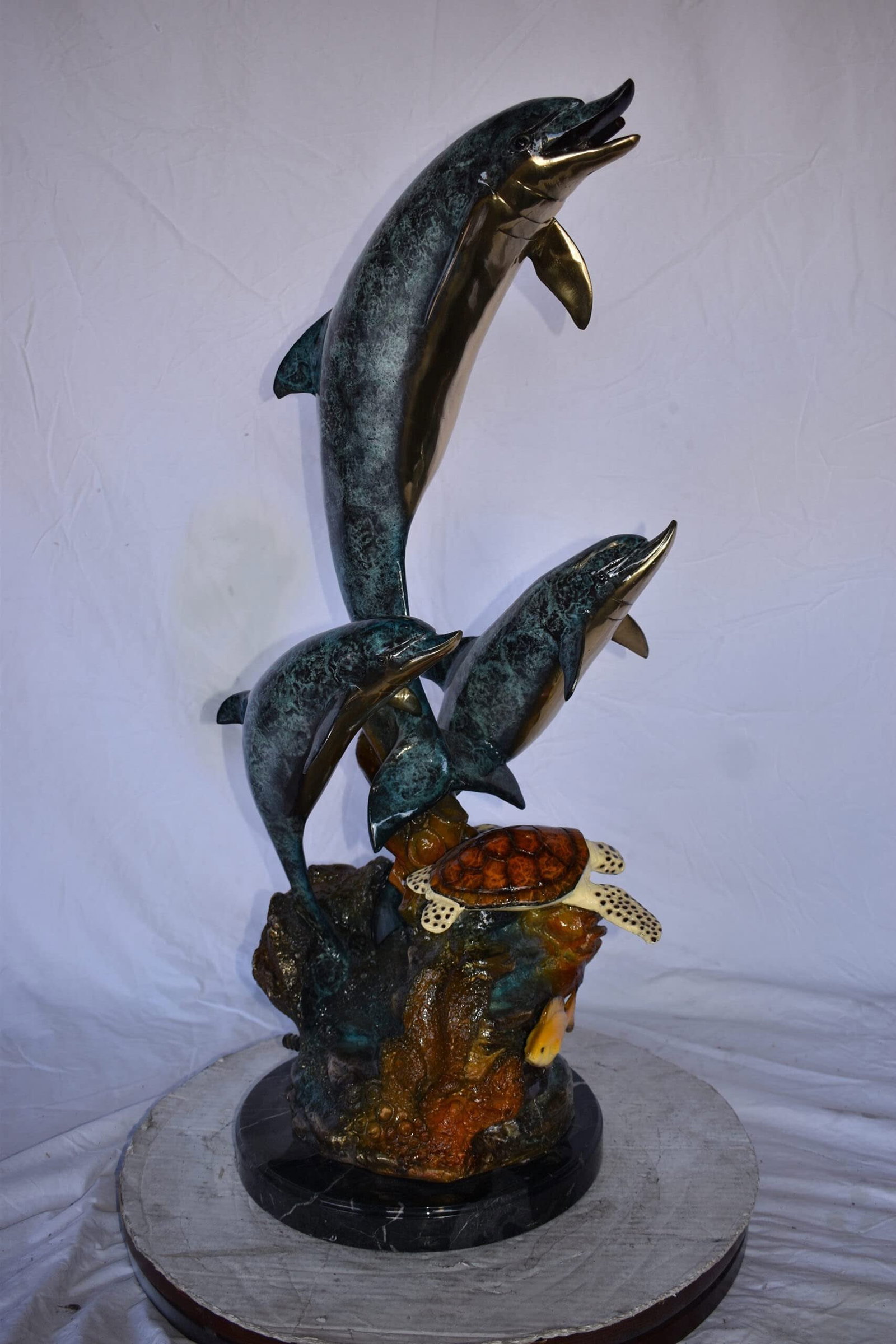 Three Dolphins Swim Next to A Sea Turtle Fountain Bronze Statue 17"x 15" x 38"H - 6