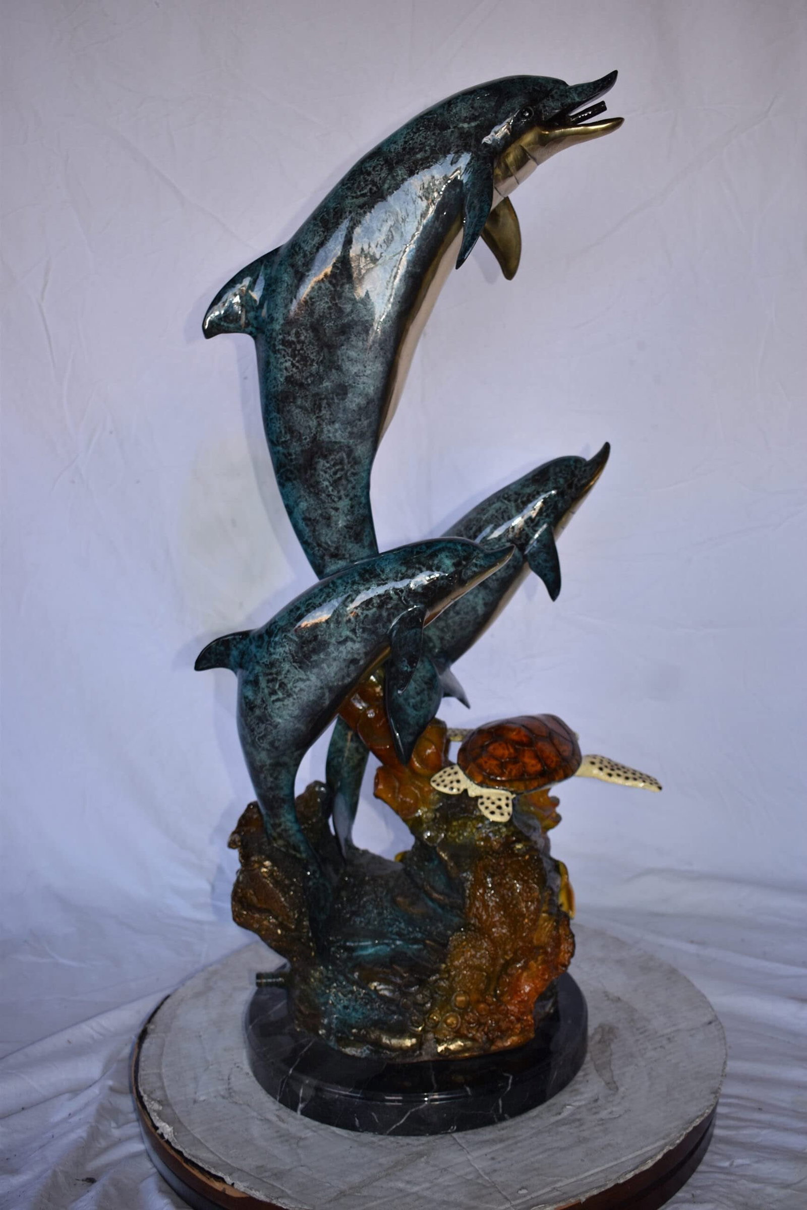 Three Dolphins Swim Next to A Sea Turtle Fountain Bronze Statue 17"x 15" x 38"H - 7