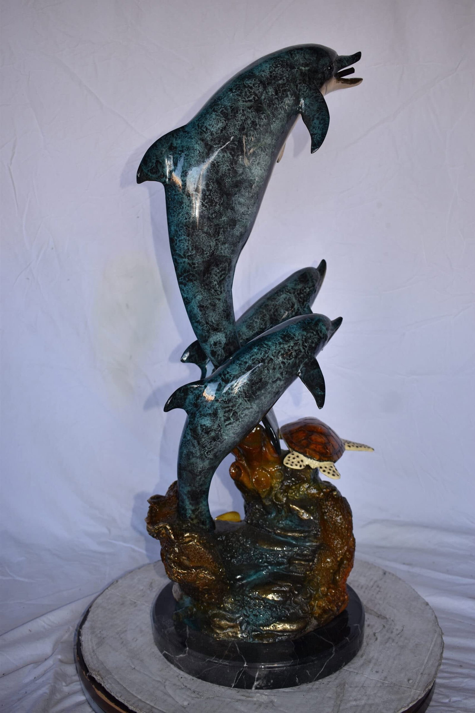 Three Dolphins Swim Next to A Sea Turtle Fountain Bronze Statue 17"x 15" x 38"H - 8